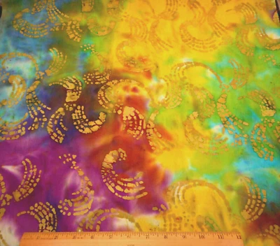 Batik Fabric 2/3 Yard Swirls on Purple Yellow Blue Green Premium Cotton #19 - Image 1 of 2