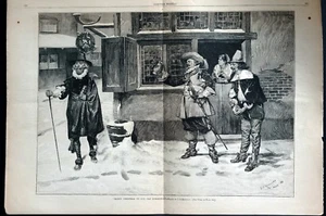 Christmas in Old Days 1882 PILGRIMS BEER HOUSE PREACHER Large Folio Engraving - Picture 1 of 8