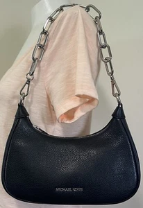 Michael Kors Cora Black SV Pebbled Leather Medium Crossbody Shoulder Hobo Bag - Picture 1 of 13