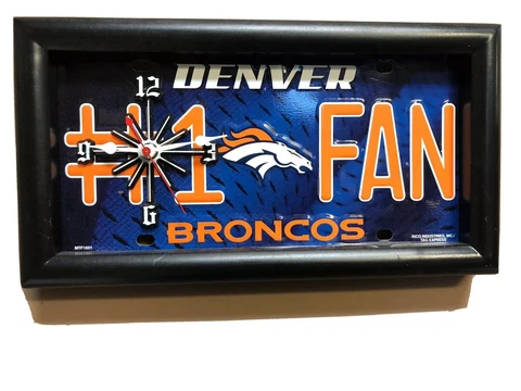 Denver Broncos metal License Plate "Fan" Clock Hangs or Stands 13x17" NFL Cover