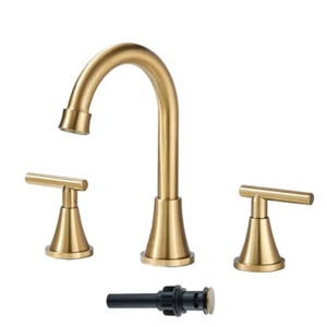 Brushed Gold Bathroom Sink Faucet Widespread Waterfall 3 Hole Basin Mixer Tap - Picture 1 of 9