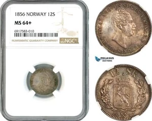 A10-420, Norway, Oscar I, 12 Skilling 1856, Kongsberg Mint, Silver, NGC MS64+ - Picture 1 of 1