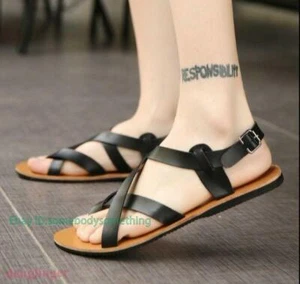Men's Strappy Sandals Clip Toe Thong Shoes Casual Roman Beach Summer Flat Retro - Picture 1 of 11