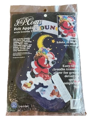 Vintage NOS J & P Abrigos 18" Fieltro Apliques Navidad Medias Kit 28051 Papá Noel Foto 1 de 4