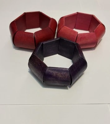 3 wooden Beaded stretchy bracelets big statement Purple, Pink, And Red - Image 1 of 4