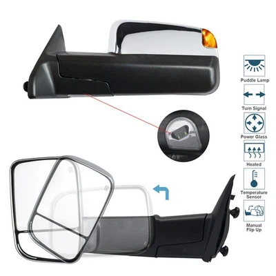 Зеркала буксировки подходят для датчика сигнала с подогревом 2016 2017 Ram 1500 2500 3500 хромированные - Изображение 1 из 4