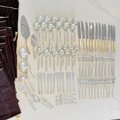 Cubiertos DAMASK ROSE RELIQUIA PLATA ESTERLINA 86 Piezas DESGUACE o USO Ajuste 12 Foto 1 de 4