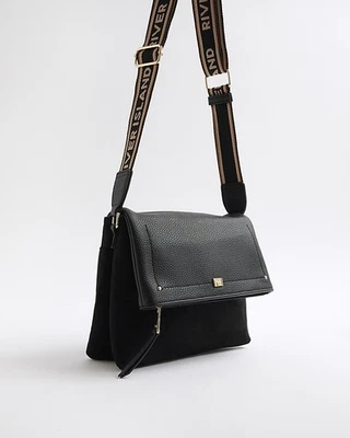 River Island Womens Crossbody Bag Black Flap Over Faux Suedette Adjustable Strap - Image 1 of 4