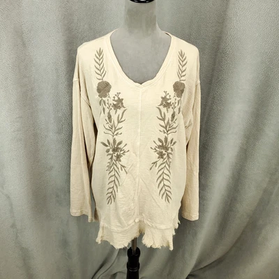 Camisa boho Coldwater Creek top para mujer grande marfil dobladillo crudo flecos bordados Foto 1 de 4