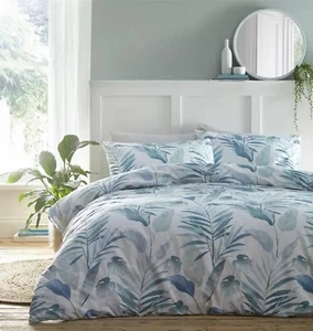 Duvet Cover Set Pillowcase Blue Tropical Leaf Cotton Super King Bedding Quilt - Picture 1 of 1