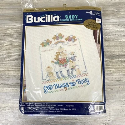 Bucilla 婴儿冲压十字绣被子婴儿床套 42436 祝福这个婴儿 34 X 43 — 第 1/2 张图片