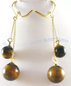 Real Natural Yellow Tigers Eye Round Gems Gold Link Leverback Dangle Earrings - Picture 1 of 4