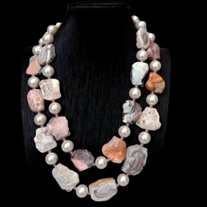 2 Strands White Sea Shell Pearl Natural Pink Botswanas Agate Choker Necklace - Picture 1 of 6