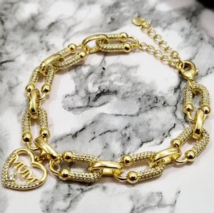Mum Love Heart Paper Clip Bracelet 8" Adjustable 18k Gold Layered Mothers Gift - Picture 1 of 5