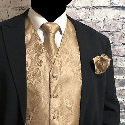 Mocha Tan Men's Paisley Tuxedo Suit Dress Vest Waistcoat & Neck tie & And Hankie - Image 1 of 4