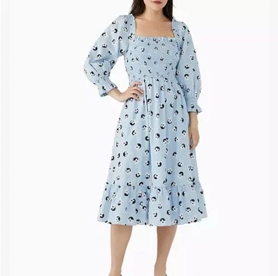 Kate Spade XL Midi Dress Floral Dot Smocked Cottagecore Blue Boho Ruffle - Image 1 of 4