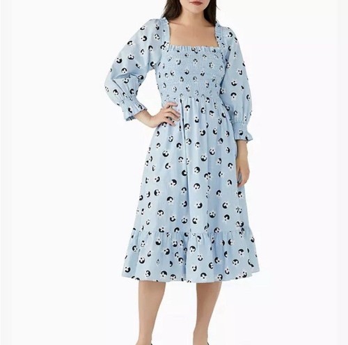 Abito midi Kate Spade XL a pois floreale fumè cottagecore blu boho con volant