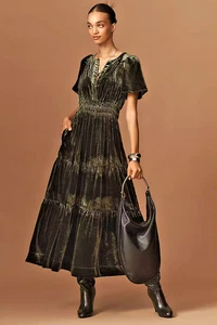 Nuevo Maxi Vestido Anthropologie The Somerset: Edición Terciopelo Verde Oscuro L Nuevo con Etiquetas - Imagen 1 de 7