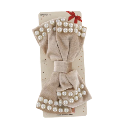 Scunci Pearl-Embellished Velvet Bow Barrette – Elegant Gold-Toned Hair Clip - Image 1 of 2