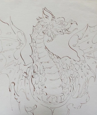 dessin ancien XIX XVIII dragon papier filigrané mythologie encre à identifier - Photo 1/4
