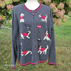 Talbots maglione cardigan cane vintage Grannycore Y2K grigio rosso Ramie full zip XL - Foto 1 di 10