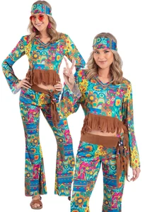 Blue Flower Power Hippy Costume Ladies 60s 70s Fancy Dress Outfit UK 8-14 - Picture 1 of 4