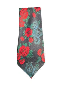 Vintage Handmade Silk Tie Peachick Red Rose Floral Pattern Peacock Silk Trading - Picture 1 of 3