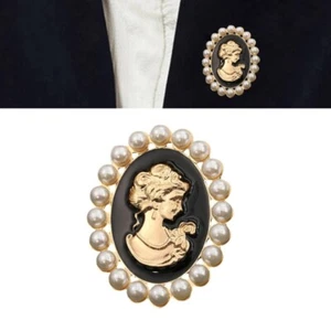 Victorian Style Cameo Pin Rhinestones Pearls Detailing Women Fashion Jewelry - Picture 1 of 12