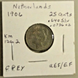 Netherlands Wilhelmina I Silver 1906 25 Cents KM# 120.2 EF - Picture 1 of 2