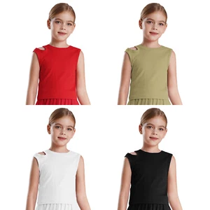 Kids Girls Tank Workout Top Playwear Vest Crew Neck Shirt Performance Cutout - Picture 1 of 48