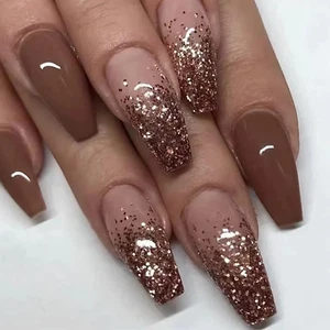 Coffin Press on Nails Ballerina Media Unghie Finte Colla Lucida su Unghie Marrone Gra - Foto 1 di 12