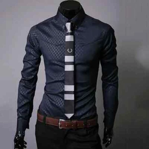 Men Shirt Grid Turn-down Collar Single-breasted Business Male Shirt Luxury - Picture 1 of 17