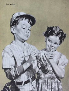 Vintage 1950s print Baseball boy , girl," Hero Worship" - Picture 1 of 1