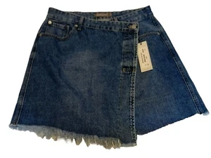 NUEVO CON ETIQUETAS Just USA Para Mujer Talla L Azul Denim Flecos Jean Falda Cruzada Asimétrica - Imagen 1 de 18