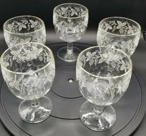 Set 5 calici vintage Bartlett Collins #806 foglia d'uva vetro inciso bordo oro - Foto 1 di 10