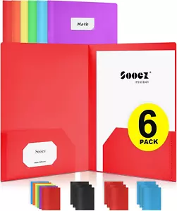 6-Pack Plastic Pocket Folders with Labels, Heavy Duty, 2-Pocket, for School, Off - Picture 1 of 6
