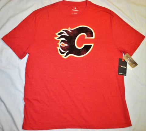 Men's CALGARY FLAMES Fanatics Brand NHL T-SHIRT Heather RED Retro Logo $40 NWT Cover