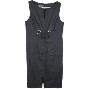 Vintage Y2K Black LINEN Dress Belted Sleeveless Plus 16 Shift Summer Minimalist - Picture 1 of 9