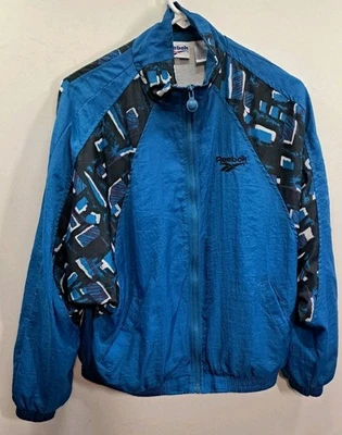 Vintage Reebok Windbreaker Jacket Sz Medium Blue Black White Geometric CLEAN - Image 1 of 4