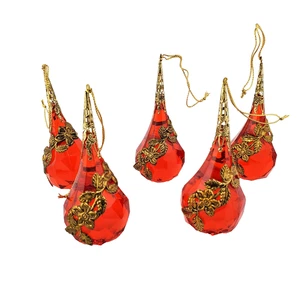 Vintage Beautiful Embellished Teardrop Christmas X 5 Ornament Red Acrylic & Gold - Picture 1 of 10