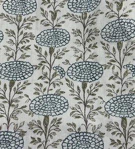 Lisa Fine Textiles Samode Flower Printed Linen Fabric 2.5 yards Indigo Oyster - Picture 1 of 16
