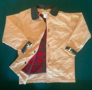 Vintage LL Bean Womens Medium Oversized Jacket Canvas Wool Plaid Chore Coat - Picture 1 of 11