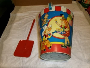 Ohio Art Tin Litho Sand Bucket With Children & Shovel - Picture 1 of 5