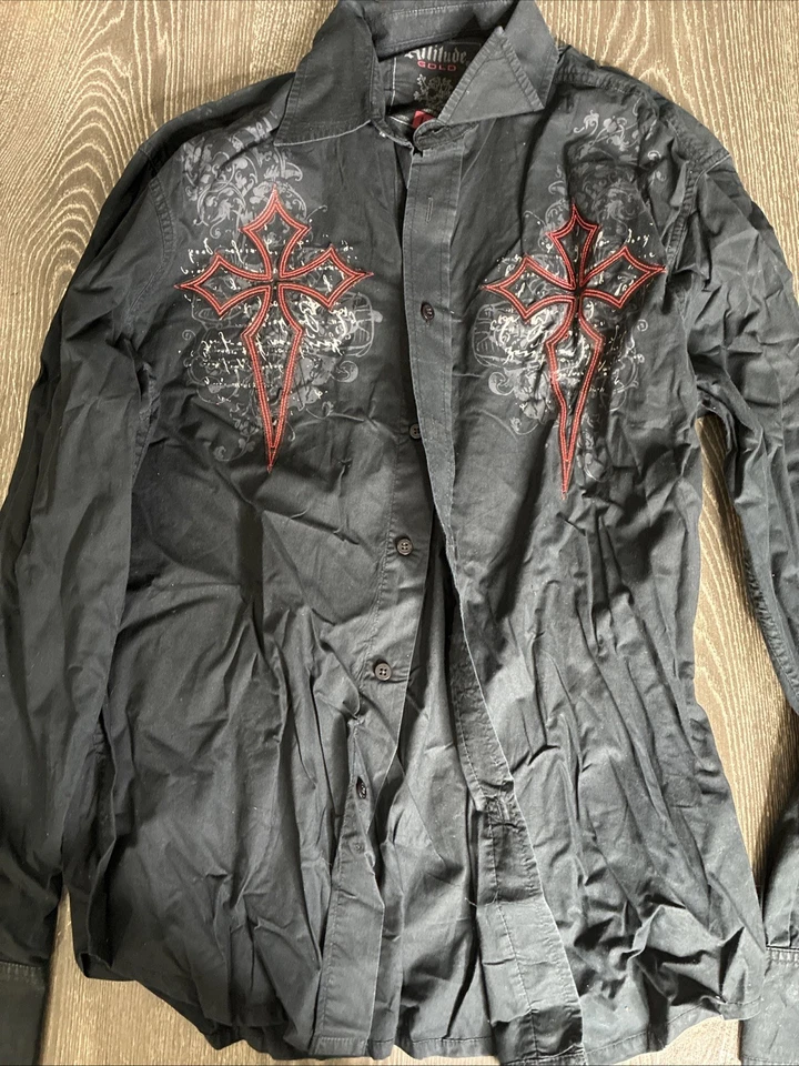 Attitude Gold Redemption Cross Y2K Long Sleeve Button Up Shirt Men's Sz L - Image 1 of 4