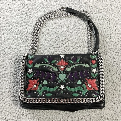 Bolso de Hombro Zara Mujer Mediano Negro Bordado Floral Cadena Correa Cartera Foto 1 de 4