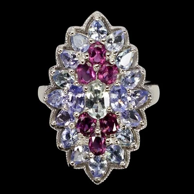 925 Sterling Silver Ring Oval Aquamarine Rhodolite Tanzanite Gemstone Jewelry 9 - Image 1 of 4