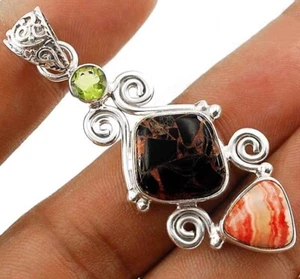 Natural Rhodochrosite & Turquoise 925 Sterling Silver Pendant Jewelry @16-5 - Picture 1 of 1