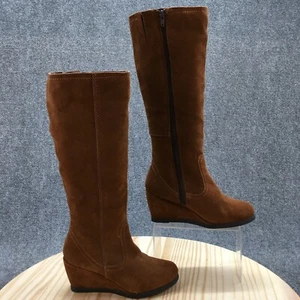Merona Boots Womens 7 Tall Knee High Brown Leather Wedge Side Zip Round Toe - Picture 1 of 21
