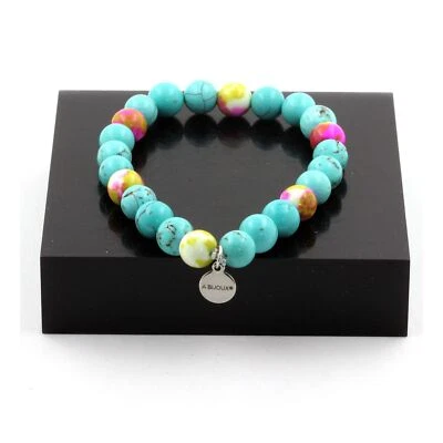 Steine Und Minéraux. Armband Perlen Türkis + Jaspis Rosa Gelb 8 Mm. Gemacht - Bild 1 von 4