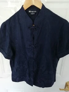 Vintage Monsoon 12 Navy Blue Oriental Style Shirt Blouse Top 100% Silk Mandarin - Picture 1 of 9